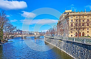 Masaryk Embankment and Legion Bridge on Vltava River, Prague, Czechia