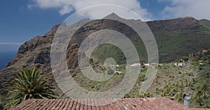 Masca Gorge and village on Tenerife, Canary Islands, Spain. Cacti in the foreground
