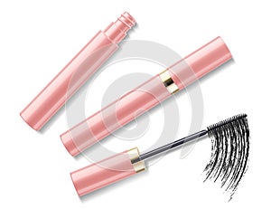 Mascara and black brush stroke, cosmetic object, beauty concept. Realistic 3d vector illustration, isolated on white background.