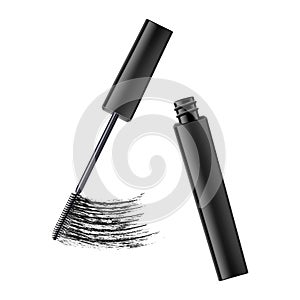 Mascara and black brush stroke, cosmetic object, beauty concept. Realistic 3d vector illustration, isolated on white background.