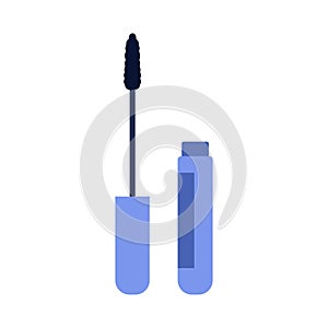 Mascara blue tube and wand applicator, simple bottle with eyelash brush