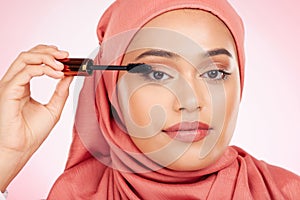 Mascara brush, portrait or Islamic woman with studio cosmetic tools, skincare or grooming facial lashes. Eyelash product photo