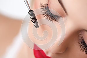 Mascara Brush. Woman eye with long eyelashes.