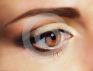 Mascara. Close Up Woman's Eye with Golden Eyeshadow