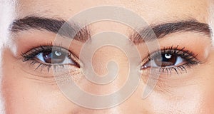 Mascara, eyeshadow and portrait eyes of woman with eyelash extension, makeup results or natural face cosmetics. Anti