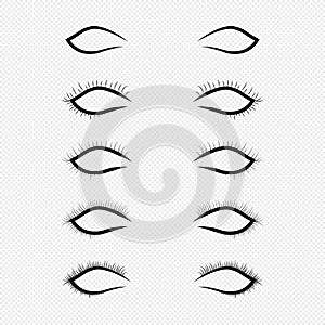 Mascara face makeup closed eyes girl with black eyelashes. Eyelash vector set