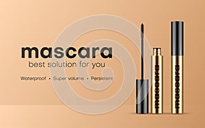 Mascara in golden tube container brush promo banner realistic vector illustration