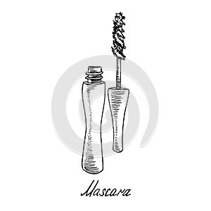 Mascara open tube with inscription, hand drawn doodle sketch with inscription, isolated vector