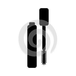 Mascara silhouette icon. Set of separate tube, eyelash brush. Black simple illustration of decorative cosmetics, makeup. Flat