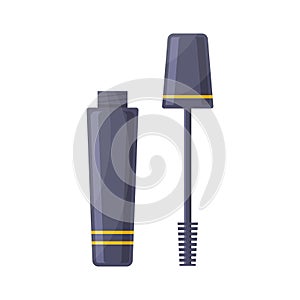 Mascara tube open with brush lid vector flat illustration. Black product with applicator for lashes