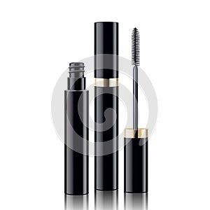 Mascara tube and a wand applicator. Cosmetic black bottle with eyelash brush. Isolated on white background. Realistic vector for