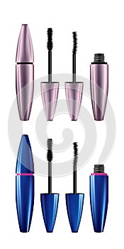 A mascara tube and wand applicator. Cosmetic bottle with eyelash brush. Isolated on white background. 3d realistic   illustration