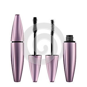 A mascara tube and wand applicator. Cosmetic bottle with eyelash brush. Isolated on white background. 3d realistic   illustration