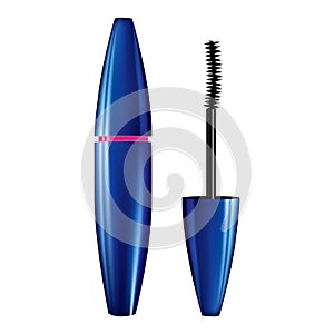 A mascara tube and wand applicator. Cosmetic bottle with eyelash brush. Isolated on white background. 3d realistic   illustration