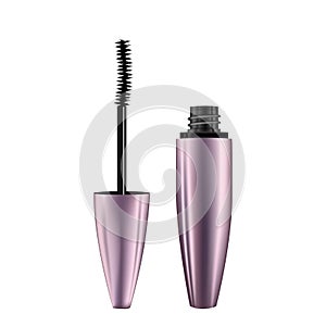 A mascara tube and wand applicator. Cosmetic bottle with eyelash brush. Isolated on white background. 3d realistic   illustration