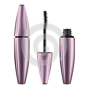 A mascara tube and wand applicator. Cosmetic bottle with eyelash brush. Isolated on white background. 3d realistic   illustration