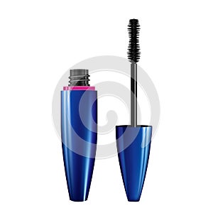 A mascara tube and wand applicator. Cosmetic bottle with eyelash brush. Isolated on white background. 3d realistic   illustration