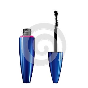 A mascara tube and wand applicator. Cosmetic bottle with eyelash brush. Isolated on white background. 3d realistic   illustration