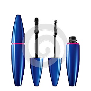 A mascara tube and wand applicator. Cosmetic bottle with eyelash brush. Isolated on white background. 3d realistic   illustration