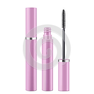 Mascara tube and a wand applicator. Cosmetic bottle with eyelash brush. Isolated on white background. Realistic vector for web