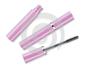 Mascara tube and a wand applicator. Cosmetic bottle with eyelash brush. Isolated on white background. Realistic vector for web