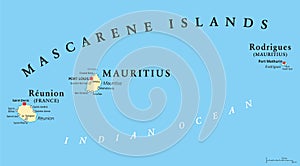 Mascarene Islands political map, Mauritius, Reunion and Rodrigues