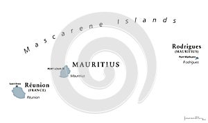 Mascarene Islands, gray map, Mauritius, Reunion, Rodrigues photo