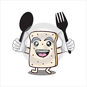 mascot cartoon bread holding a fork and spoon