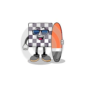Mascot cartoon of chessboard as a surfer