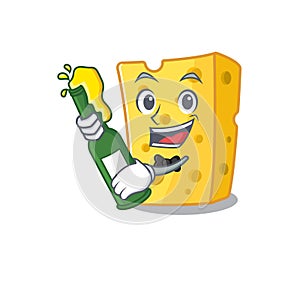 Mascot cartoon design of emmental cheese with bottle of beer