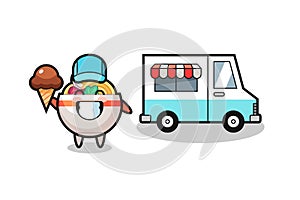 Mascot cartoon of noodle bowl with ice cream truck