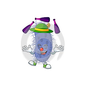 Mascot cartoon style of salmonella typhi playing Juggling on stage