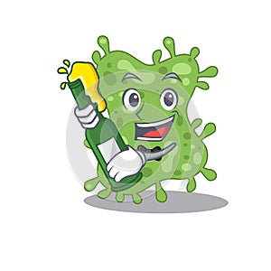 Mascot character design of salmonella enterica say cheers with bottle of beer