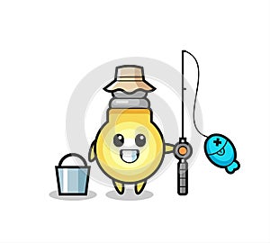 Mascot character of light bulb as a fisherman