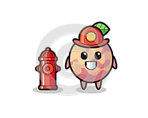 Mascot character of pluot fruit as a firefighter