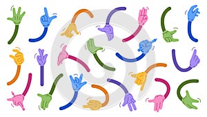 Mascot colorful arm collection. Vector set of different hands. Cartoon elements of old 1920 to 1950 design style
