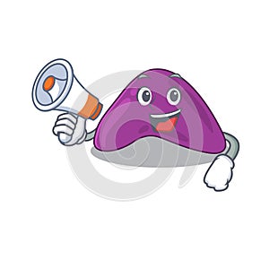 Mascot design of adrenal announcing new products on a megaphone