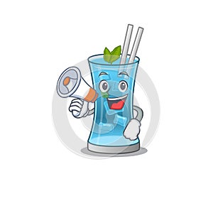 Mascot design of blue hawai cocktail announcing new products on a megaphone