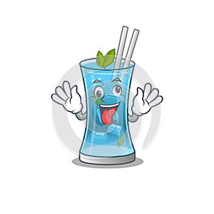 A mascot design of blue hawai cocktail having a funny crazy face