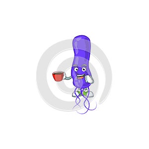 A mascot design character of blue spirila drinking a cup of coffee