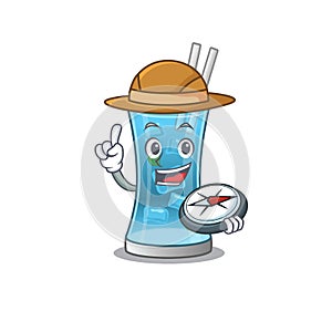 Mascot design concept of blue hawai cocktail explorer using a compass in the forest