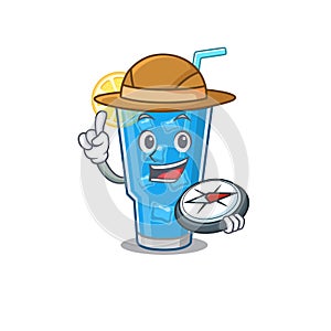 Mascot design concept of blue lagoon cocktail explorer using a compass in the forest