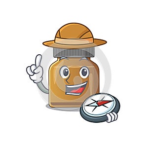 Mascot design concept of bottle vitamin b explorer using a compass in the forest