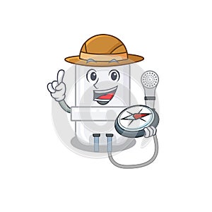 Mascot design concept of electric water heater explorer using a compass in the forest