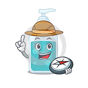 Mascot design concept of hand sanitizer explorer using a compass in the forest