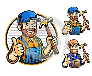 Mascot design of a handyman cartoon character holding a hammer and doing a thumb up