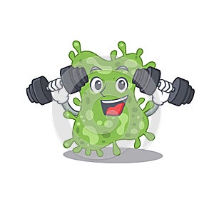 Mascot design of smiling Fitness exercise salmonella enterica lift up barbells photo