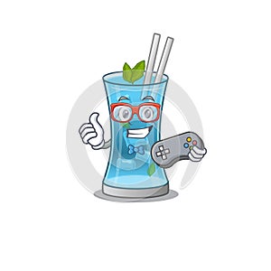 Mascot design style of blue hawai cocktail gamer playing with controller