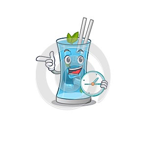 Mascot design style of blue hawai cocktail standing with holding a clock