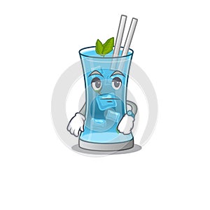 Mascot design style of blue hawai cocktail with waiting gesture